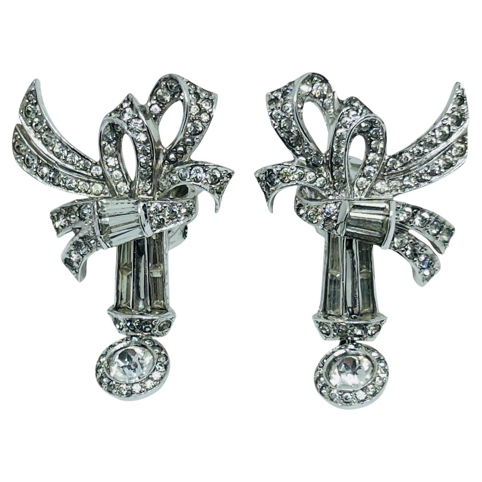 Mazer Signed Vintage Silver Tone Rhinestones Bow Designer Clip On Earrings